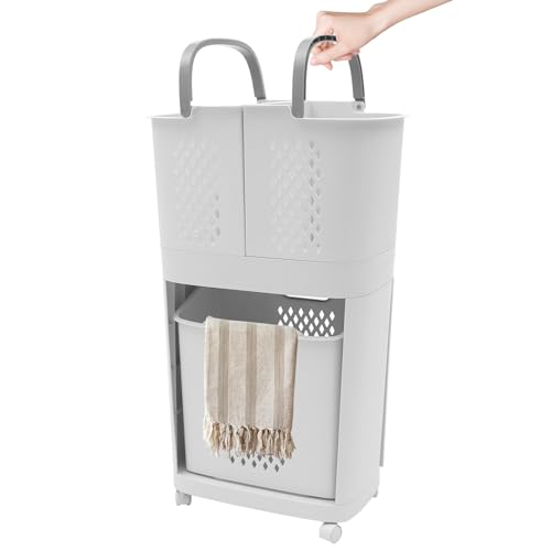Kathring 2 Tier Vertical Rolling Laundry Cart, with 3 Removable PP Hollowed Out Laundry Hampers for Laundry, Towels, Blankets and Bathroom Organization, 17.32 x 12.2 x 29.13 inch