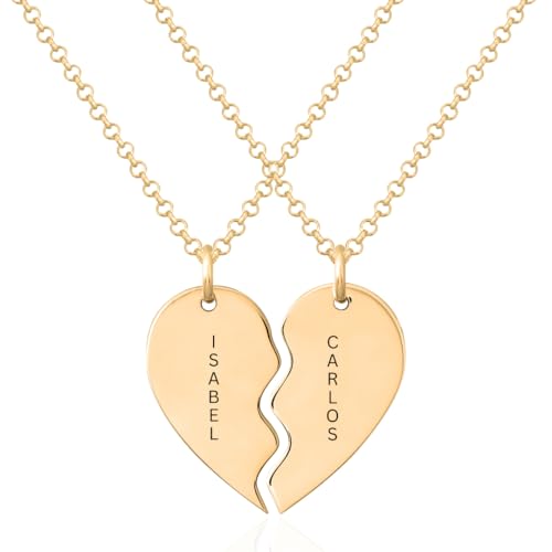 Dos collares Corazón Personalizados con Nombres de Parejas. Realizado en Plata de Ley 925 con cadena de 45cm. Regalo para Día de los Enamorados, San Valentín, Aniversario, Cumpleaños. (Bañado Oro)