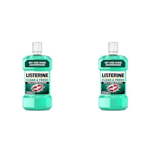 LISTERINE Clean & Fresh (500 ml), antibakterielle Mundspülung mit ätherischen Ölen, Mundwasser ohne Alkohol, perfekte Ergänzung zur täglichen Zahnpflege mit und ohne Zahnspange (Packung mit 2)