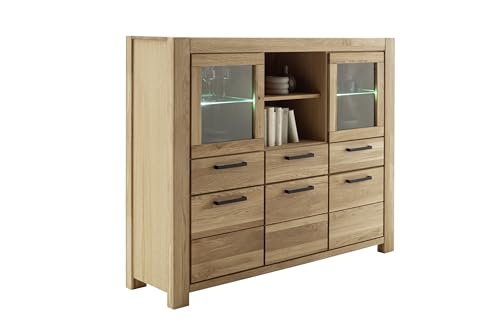 möbelando Highboard >SILIAS< Elegantes Highboard aus massiver Wildeiche mit Glas- und Holztüren, 3 Schubladen, optionaler Beleuchtung, FSC-Zertifiziert, Maße: 172x140x45 cm