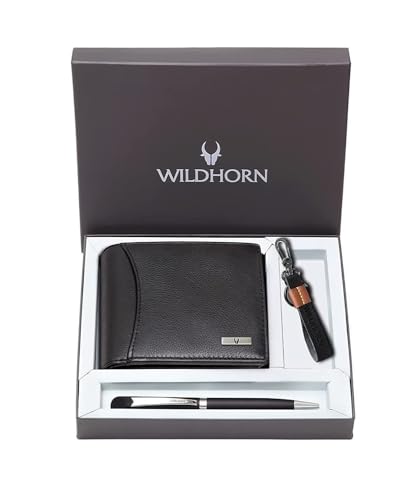 WildHorn Gift Hamper for Men I Leather Wallet Keychain & Pen Combo Gift Set I Gift for Friend Boyfriend Husband Father Son etc (Black M)
