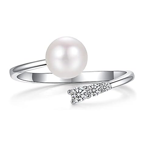 LUCKMORA Pearl Ring Sterling Silver with Cubic Zirconia Rings for Women 925 Adjustable CZ Open June Birthstone Rings with Real Round Genuine Freshwater Cultured Stackable (3CZ) Cover