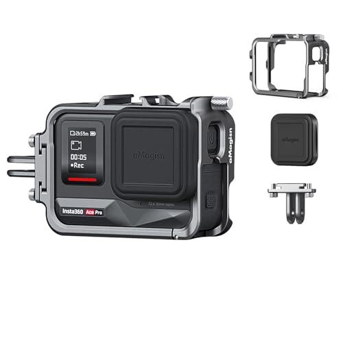 Rszfnjxry 360 Ace Series Aluminum Frame Cage with Lens Silicone Case for Insta360 Ace Pro 2 /Ace Pro/Ace,Metal Protective Durable Housing with Cold Shoe Mount (Model Bundling 4)