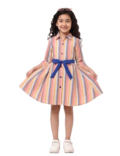 Image of A.T.U.N. (ALL THINGS UBER NICE) Girls 100% Cotton Shirt Dress with Belt | Button-Down Dress with Collar Neck | Soft Breathable Kids Outfit for Girls