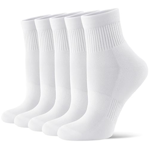 CS CELERSPORT 5 Pairs Mini Crew Ankle Socks Cushioned Running Casual Socks for Women and Men White Medium