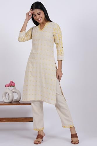 Image of W for Woman Embroidered Lace Cotton Blend Straight Kurta & Straight pant Set