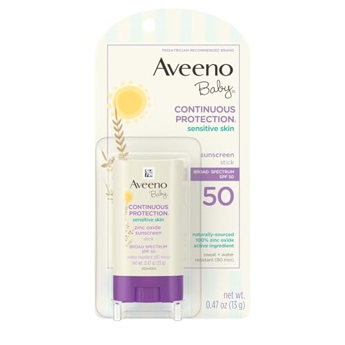 Image of Aveeno Baby Continuous Protection Mineral Sunscreen Stick for Sensitive Skin with Broad Spectrum SPF 50 Protection for Face & Body, Naturally Sourced 100% Zinc Oxide, Travel Size, 0.47 oz (Pack of 12)
