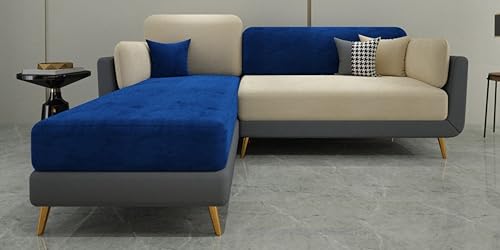 Image of Sixpine Luxury Dual Color Upholstery Lounger RHS Sofa in Premium Velvet | Solid Wood Structure | Sturdy Golden Legs | High Density Foam | Extra Comfort for Modern Living Room (Blue & Beige, 4 Seater)