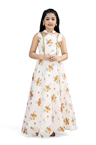 Image of Fashion Dream Girls Tabby Silk Maxi Length Printed Dress|Girls Maxi Dress|Long Dress|Long Gown Dress(Light Peach 11-12 Year)