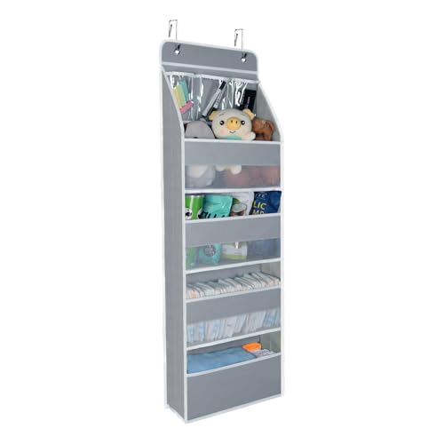 Image of Univivi Door Hanging Organizer Nursery Closet Cabinet Baby Storage with 4 Large Pockets and 3 Small PVC Pockets for Cosmetics, Toys and Sundries (Grey)