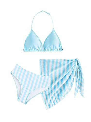 Image of SEGT Girl's 3 Piece Striped Bikini Swimwear Cute Swimsuits Bathing Suit High Waisted with Cover Up Beach Skirt