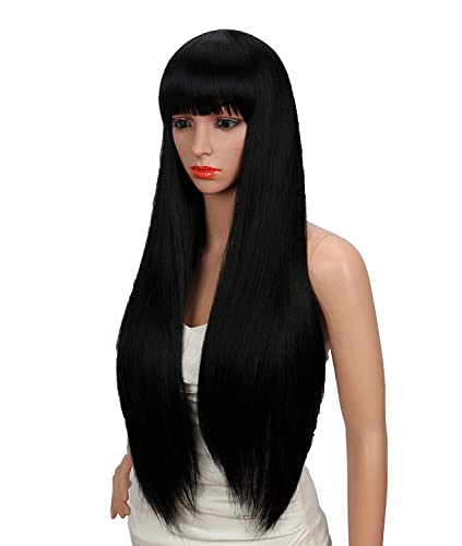 Image of Tressedup hair Women's Silky Long Straight Black Wig Heat Resistant Synthetic Wig With Bangs Hair Wig for Women