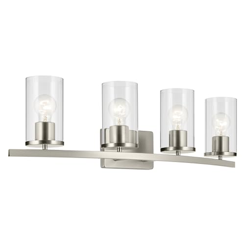 Image of Kichler Crosby 31.25 inch 4-Light Bathroom Vanity Light Fixture with Clear Glass in Brushed Nickel, Modern Wall Mount Lighting for Bathroom Over Mirror (31.25 inch x 8.75 inch), 45498NICLR