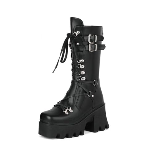 SACFOF Women's Goth Platform Knee High Boots Buckles Platform Zipper Motorcycle Punk Combat Boots Comfy Gothic Riding Booties
