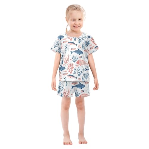 ALAZA Fish Coral Reef Pajamas Set Short Sleeve Cotton Sleepwear Summer Pjs 2 Piece 5-14Y3