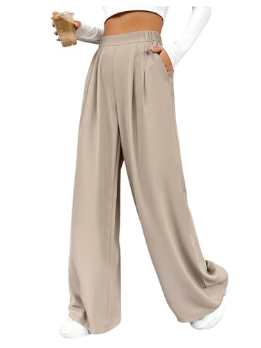 GORGLITTER Women's Gaucho Office Pleated Wide Leg Work Dress Pants Stretch Elastic High Waist Trousers with Pockets