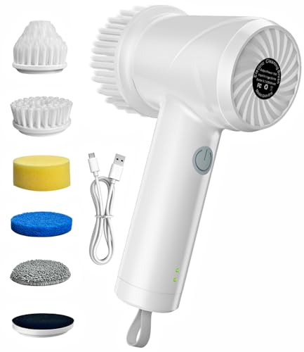 Electric Spin Scrubber - Cordless IPX7 Waterproof Shower Scrubber with 2 Speed Settings and 6 Replaceable Heads，Electric Cleaning Brush for Bathroom，Kitchen and Windows
