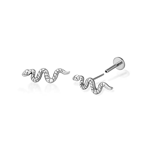 Limerencia G23 Hypoallergenic 18g Flat Back Stud Earrings | F136 Implant Grade Titanium Press Fit Threadless Push Pop in Cartilage Helix Labret Lip Monroe Tragus Piercing Studs (Snake Silver)