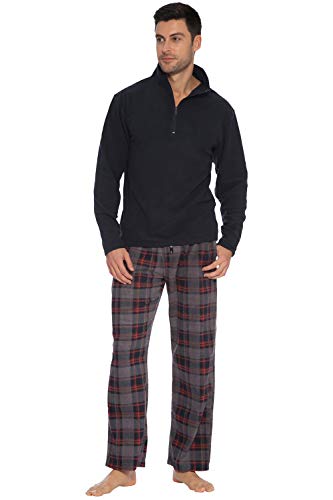 INTIMO Men's Long Sleeve Solid Quarter Zip Top and Microfleece Plaid Pant