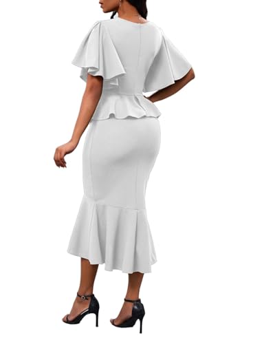 Image of Womens Summer Ruffle Short Sleeve Fishtail Dress Evening Cocktail Formal Peplum Midi Mermaid Dresses Elegant