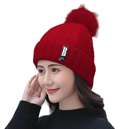Image of SYGA Winter Beanie Hat for Women Warm Thick Cotton Lining Knit Bobble Pom Pom Skull Cap Fleece Lined Warm Cap Outdoor Sports Hat for Ladies Women Girl Free Size