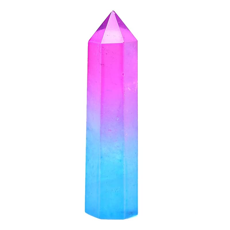 UIMWHAVG Aura natural Cuarzo claro Púrpura y azul Punto de cristal Varita Piedra Cuarzo Reiki Torre Regalos Menaje de cocina (Color : Purple Blue Aura, Size : 60-70mm)