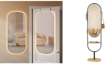 SONGMICS Full-Length Floor Mirror, 3-in-1, Modern Standing Full Body Boho Mirror, LED Arched Wall Mirror Full Length, 47.2" x 18.5" Mirror for Wall Door ULFM007Y01 & ULFM011B01