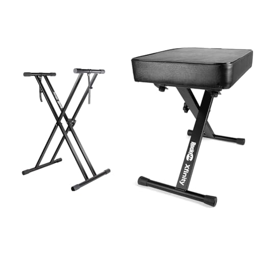 RockJam Xfinity Doublebraced Premontado Soporte de Teclado Altamente Ajustable con Correas de fijación + Premium Teclado Acolchado Ajustable, Banco y Taburete de Piano