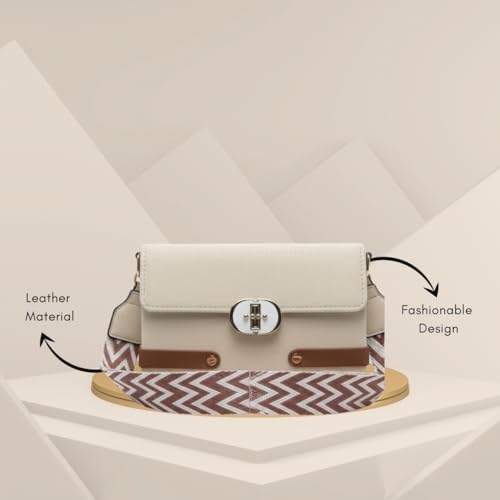 Image of Women's Premium PU Leather Crossbody Sling Bag | Stylish Beige Shoulder Bag with Adjustable Pattern Strap | Lightweight Casual Travel & Daily Use Handbag | Trendy Lock Closure Purse