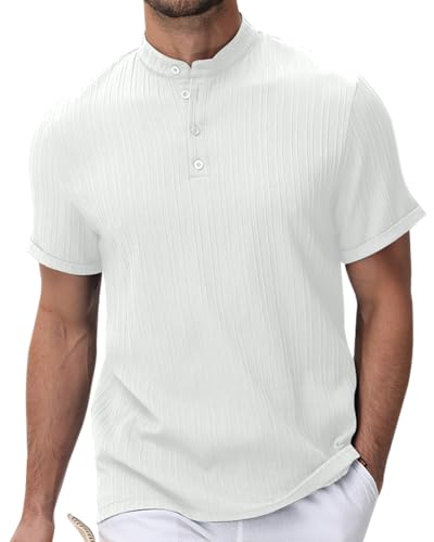 YAOBAOLE Hommes Chemises Henley Pur Col Mao Casual Plage Blanc 2XL