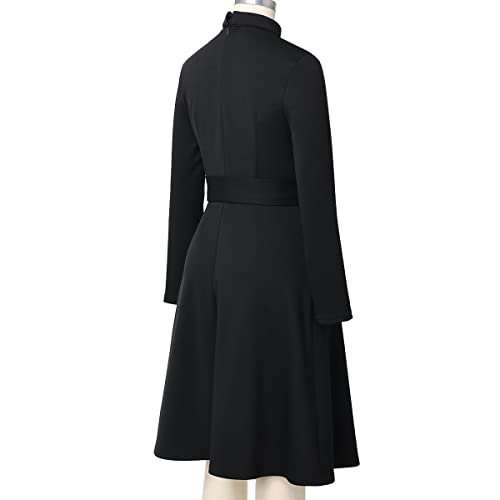 Fad-4U Church Priest Clergy Dress For Women Long Sleeve Rows Buttons A Line Dress With Tab Insert Stand Collar And Belt Black #TOP6