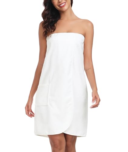 Lovasy Sauna Bademantel Damen Frottee Saunatuch Saunakilt mit Taschen, Druckknopf und Gummizug,Weiß,S-M