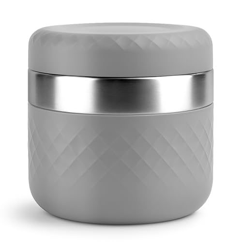 Image of 24 oz Insulated Food Jar, Stainless Steel Lunch Container, Gray | 18 /8 Stainless Steel, Leakproof Lid, Wide Mouth, Silicone Sleeve, Measurement Marks, Hot & Cold Food, Soup, Dishwasher Safe