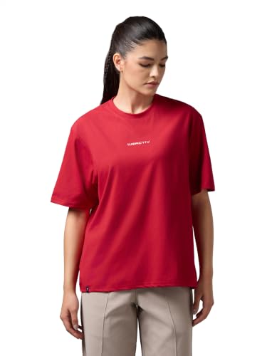 Image of TECHNOSPORT Women's Printed Boxy Fit Round Neck T-Shirt COTFLEX Half Sleeve Slip On Polyester for Gym Yoga Workout UPF50+ Anti Odour