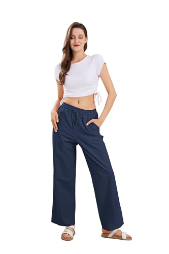 Image of CHARTOU Women's Summer Drawstring Waist Wide Leg Loose Cotton Linen Palazzo Pants
