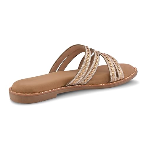 Image of Centrino Women's Beaded Flat Sandals| Open Toe Stylish Slip-On Sandals for Ladies | Metallic Crisscross Straps with Soft Cushioned Footbed for Comfort | Lightweight Casual Fashion Footwear (9305)