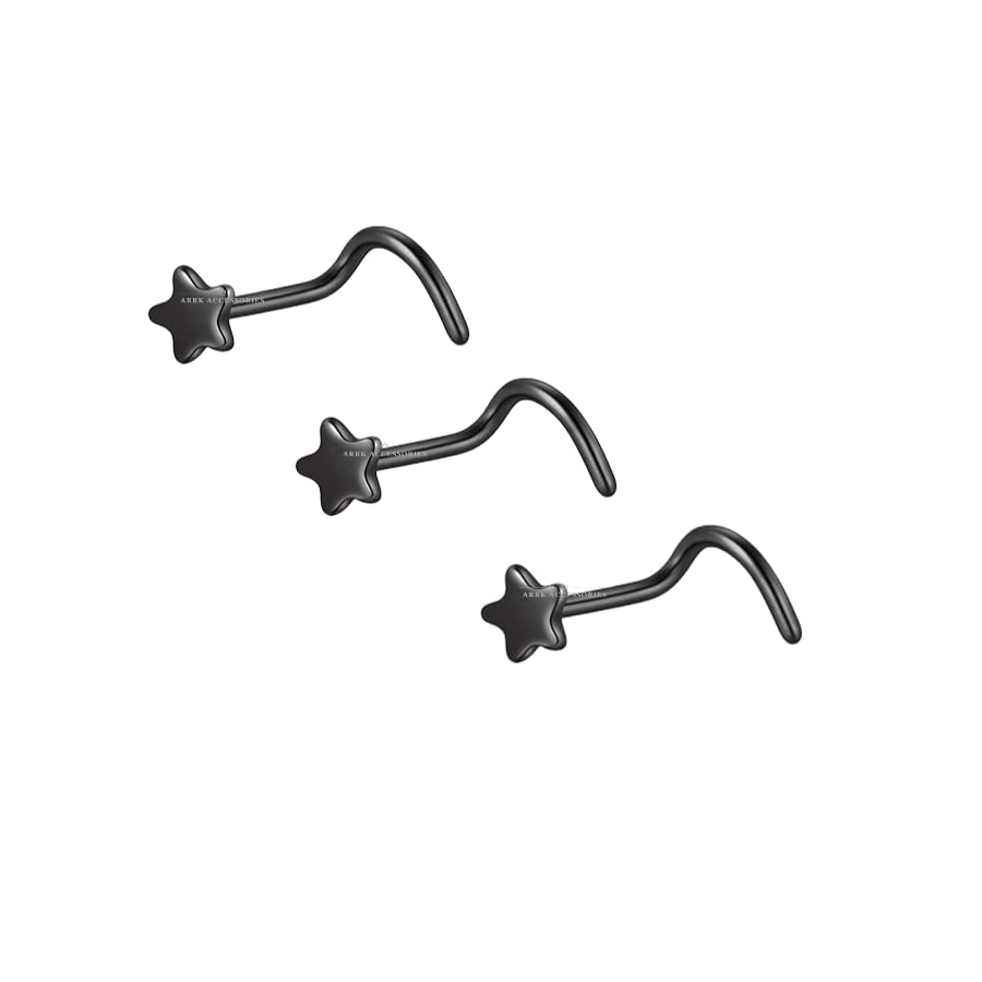 3pcs Nose Stud Star Stainless Steel Screw Wire Shape Twist Pin Hook Nostril Piercing (Black)