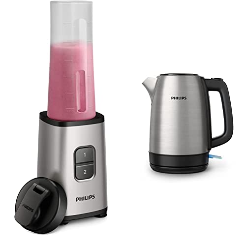 Philips To-Go Mini-Standmixer HR2600/80 (350 W, 28.000 Umdr. /Min., 0,7 L Fassungsvermögen, Trinkflasche, spülmaschinenfest) silber & HD9350/90 Wasserkocher, Edelstahl, 1.7 liters, schwarz