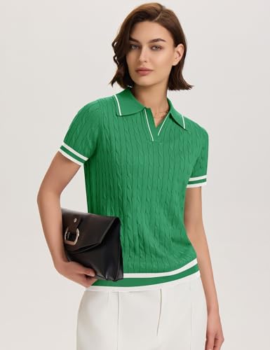 Image of Micoson Womens Short Sleeve Sweater Tops Lapel V Neck Polo Shirts 2026 Summer Cable Knit Loose Blouse Business Casual Outfits