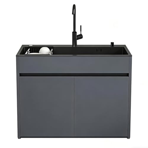 Meuble Évier avec Vasque en Acier Inoxydable Noir pour Buanderie et Garage, armoire de rangement en aluminium alvéolaire avec robinet, distributeur de savon...