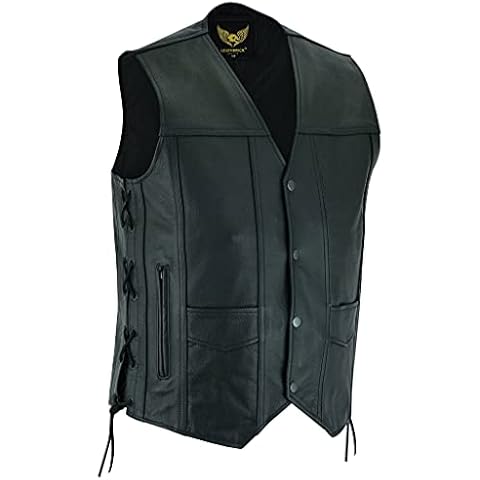 Leatherick Chaleco de cuero negro con cordones laterales y bolsillos ocultos para hombre Cover