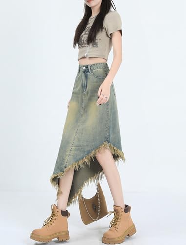 Vintage High Waist A-Line Denim Skirt for Women Fashion Medium Irregular Casual Long Tassel Skirts2