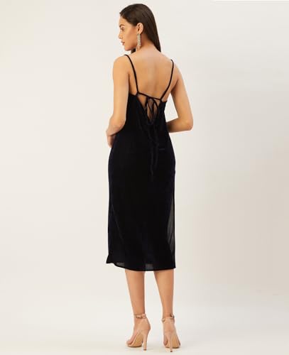 Image of Anvi Be Yourself Women's Solid Shoulder Strap Sleeveless Velvet Midi Bodycon Dress || Trendy Womens Cowl Neck Strappy Sheath Casual Dress with Side Slit || Western Plain One Piece Dress for Women