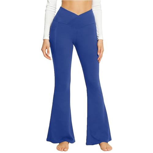 Pantalones Deportivos Yoga Mujer Cintura Elástica, Jeggings De Talle Alto Bootcut con Bolsillos Flared Moda Slim Pantalones Deportivos Polainas acampanadas Pierna Ancho Estiramiento Color Sólido, azul