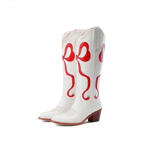 Image of Women's White Cowgirl Boots with Bow Knee High Cowboy Boots Almond Round Toe Chunky Heel Embroidered Western Cowboy Boots for Women
