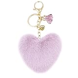 jtkdxqs Pom Pom Keychain Soft Artificial Rabbit Fur Plush Fluffy Key Ring Heart Shape Tassel Keychains for Women,light purple
