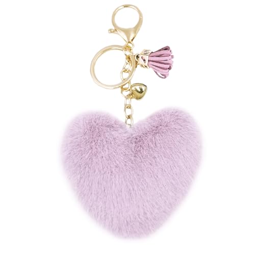 jtkdxqs Pom Pom Keychain Soft Artificial Rabbit Fur Plush Fluffy Key Ring Heart Shape Tassel Keychains for Women,light purple
