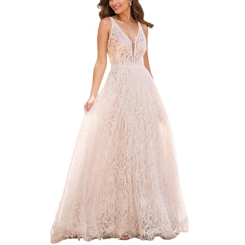 WIOJEIGO Women's Lace Boho Wedding Dress for Bride with Double Shoulders 2025 Bohemian Long A-Line Beach Bridal Gowns