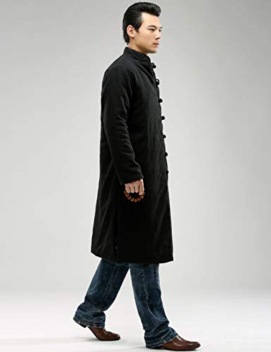 LUZU JUNU Men’s Cotton Linen Trench Coat Warm Winter Quilted Long Jacket Frog Button Overcoat with Pockets4