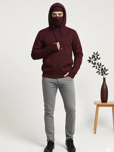 Image of ADRO Men Balaclava Hoodies | 320 GSM Soft Cotton Zipper Hoodie | Thumb-Hole Cuff Gloves | Travel Jacket with Hood | Winter Sweatshirt